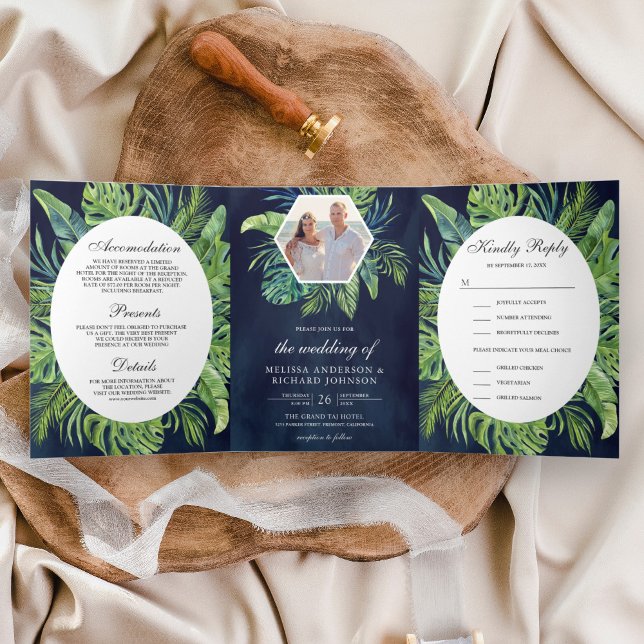 Tropical Monstera Palm Leaves Navy Blue Wedding Tri-Fold Invitation (Creator Uploaded)