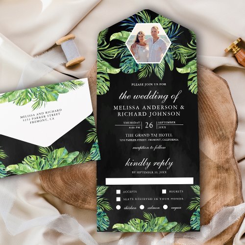 Tropical Monstera Palm Leaves Photo Black Wedding All In One Invitation