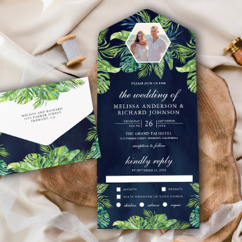 Tropical Monstera Palm Leaves Photo Navy Wedding All In One Invitation by ShabzDesigns at Zazzle