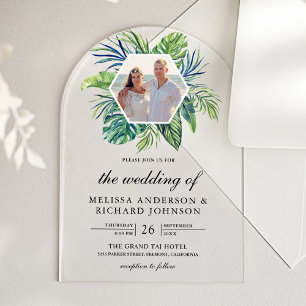 Tropical Monstera Palm Leaves Photo Wedding Acrylic Invitations