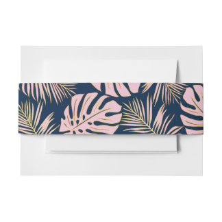 Tropical monstera, palm leaves pink navy wedding invitation belly band