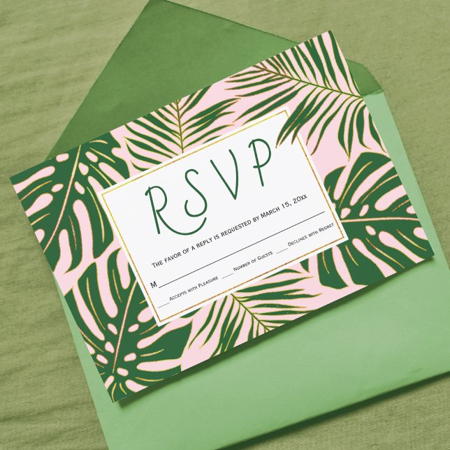 Tropical monstera, palm leaves pink wedding RSVP (Creator Uploaded)