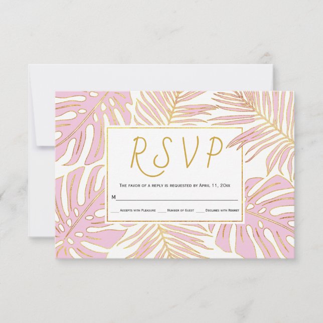 Tropical monstera, palm leaves pink wedding RSVP (Front)