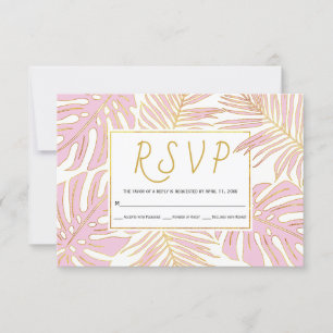 Tropical monstera, palm leaves pink wedding RSVP