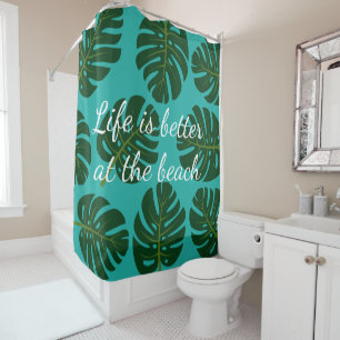 Tropical Monstera palm leaves print shower curtain