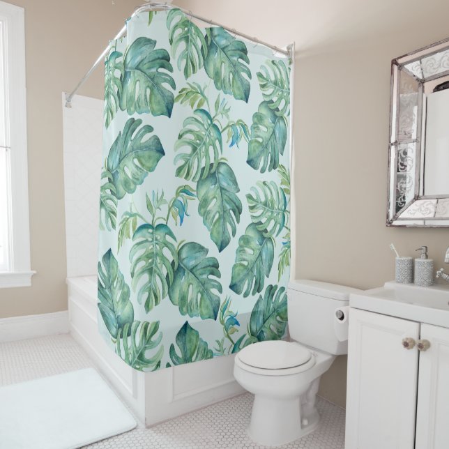 Tropical Monstera Palm Leaves Shower Curtain (In Situ)