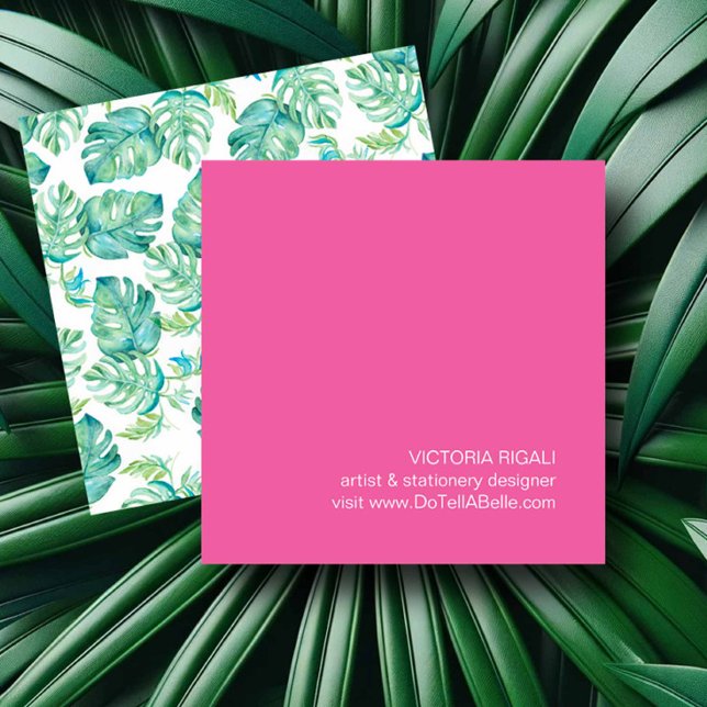 Tropical Monstera Palm Leaves Square Business Card (Girly business cards watercolor tropical monstera palm leaves by Victoria Grigaliunas)