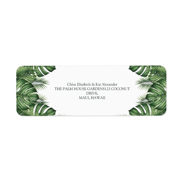 Tropical Monstera Palm Leaves Wedding Return Label (Front)