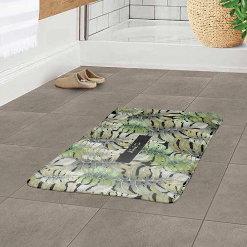 Tropical Monstera Palm Pastel Monogrammed Bath Mat