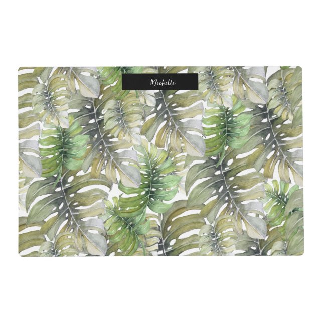 Tropical Monstera Palm Pastel Monogrammed Placemat (Front)
