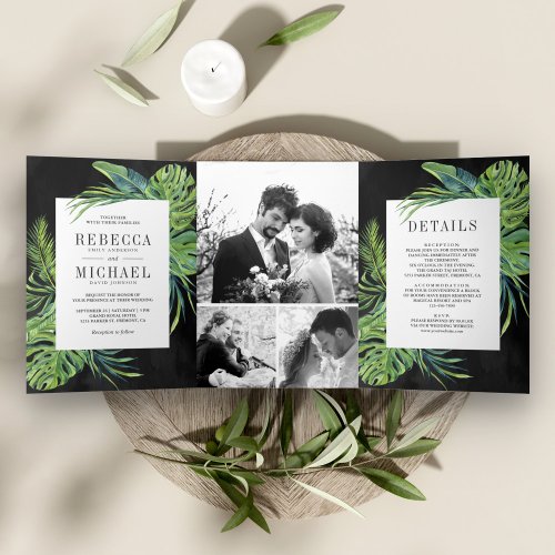 Tropical Monstera Palm Photo Collage Black Wedding Tri_Fold Invitation