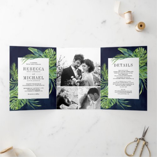 Tropical Monstera Palm Photo Collage Navy Wedding Tri_Fold Invitation