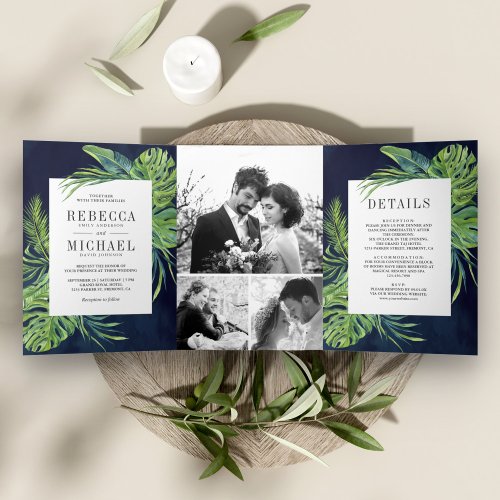 Tropical Monstera Palm Photo Collage Navy Wedding Tri_Fold Invitation