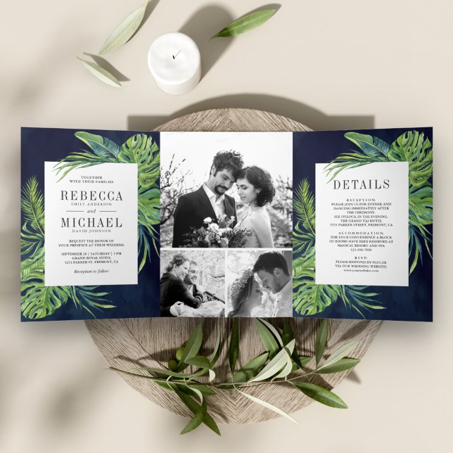 Tropical Monstera Palm Photo Collage Navy Wedding Tri-Fold Invitation (Creator Uploaded)