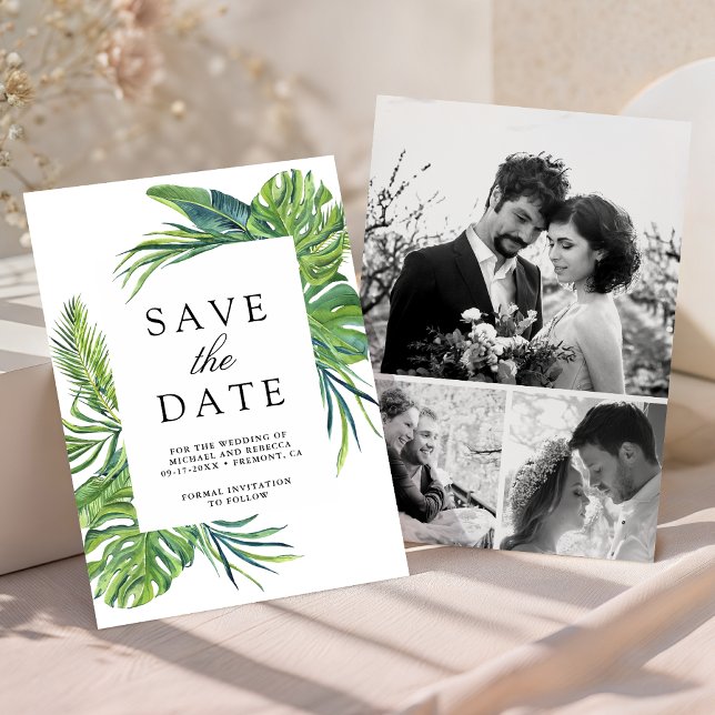 Tropical Monstera Palm Photo Collage Wedding Save The Date (Creator Uploaded)