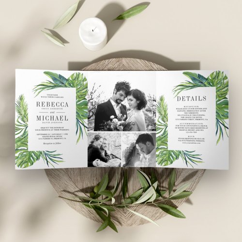 Tropical Monstera Palm Photo Collage Wedding Tri_Fold Invitation