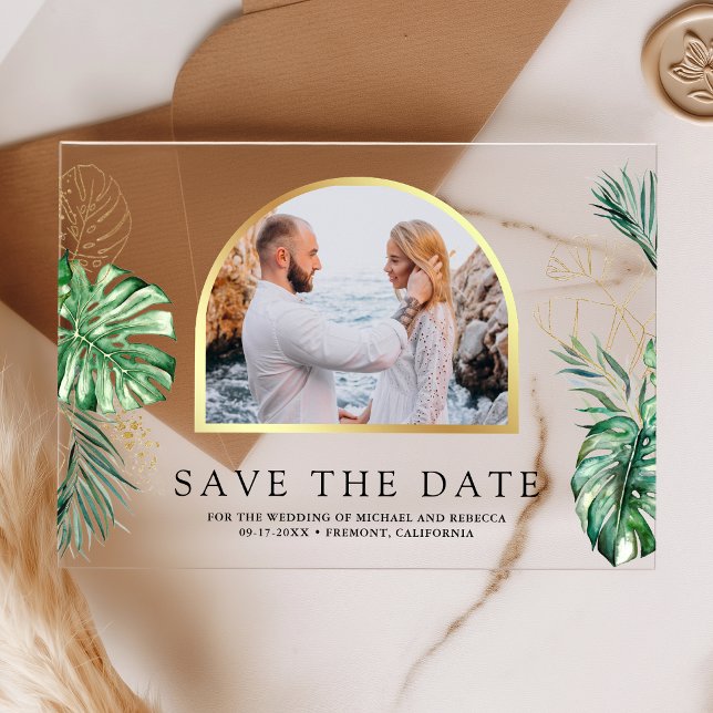 Tropical Monstera Palm Photo Wedding Save the Date (Creator Uploaded)