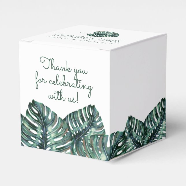 Tropical Monstera Palm Retro Beach Wedding Square Favor Boxes (Front Side)