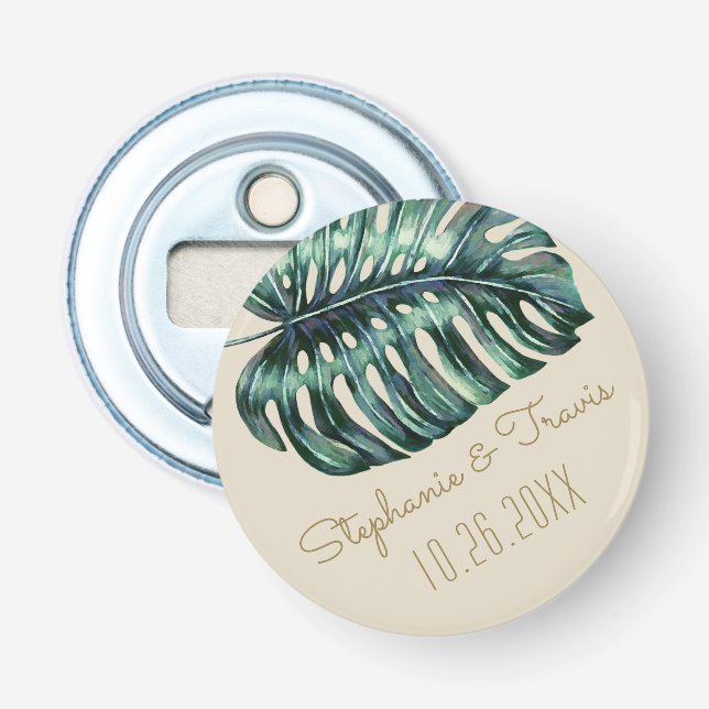Tropical Monstera Palm Wedding Date Favor Magnet Bottle Opener (Front)