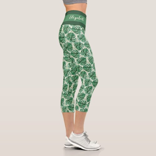 Tropical Monstera Pattern Floral Green Custom Capri Leggings