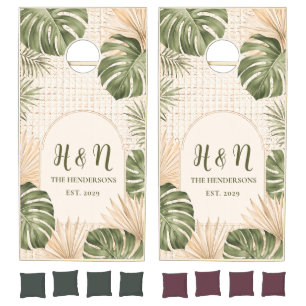 Tropical Monstera Rattan Personalized Wedding Cornhole Set