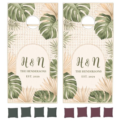 Tropical Monstera Rattan Personalized Wedding Cornhole Set