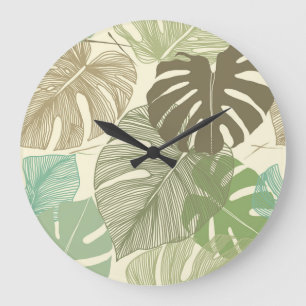 Tropical Monstera Retro Hand-Drawn Pattern Large Clock