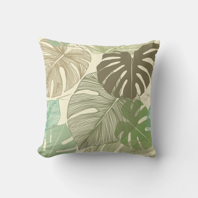 Tropical Monstera Retro Hand-Drawn Pattern Throw Pillow (Front)