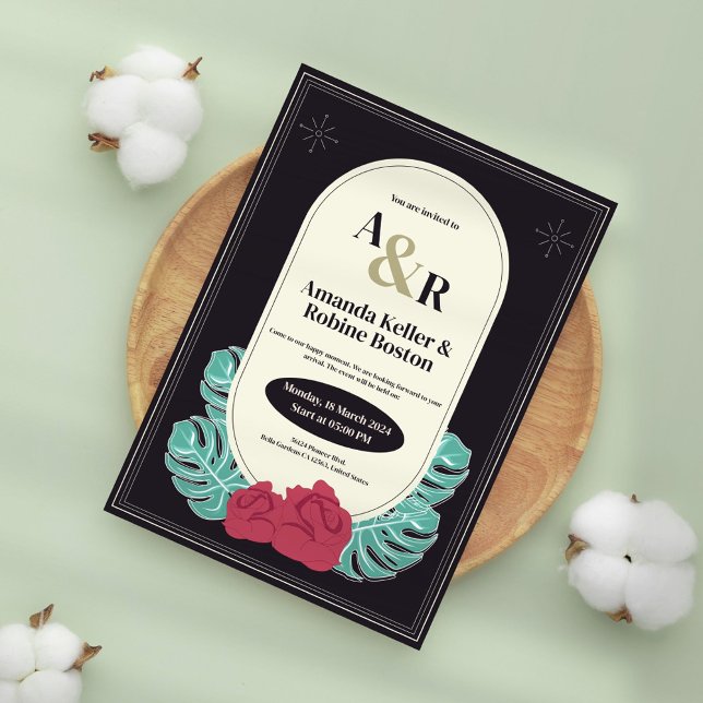 Tropical Monstera & Rose Wedding Invitation (Creator Uploaded)