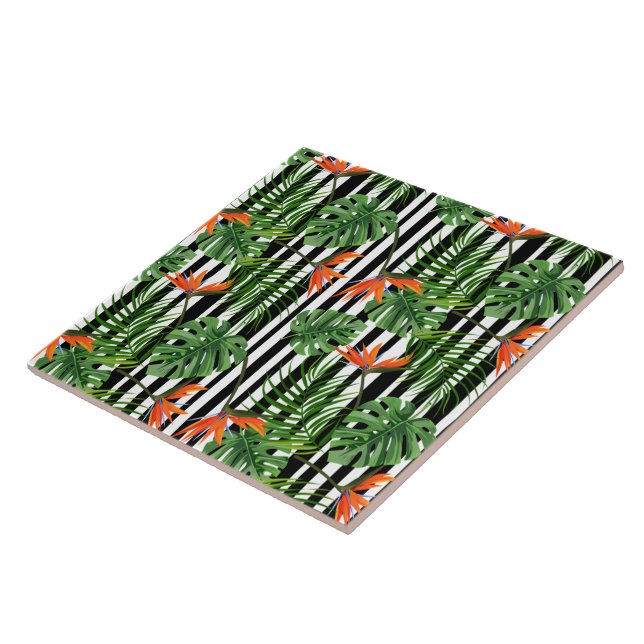 Tropical Monstera Striped Botanical Pattern Ceramic Tile (Side)