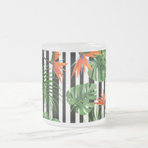 Tropical Monstera Striped Botanical Pattern Frosted Glass Coffee Mug