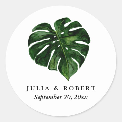 Tropical Monstera Watercolor Botanical Wedding  Classic Round Sticker