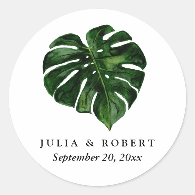 Tropical Monstera Watercolor Botanical Wedding  Classic Round Sticker (Front)
