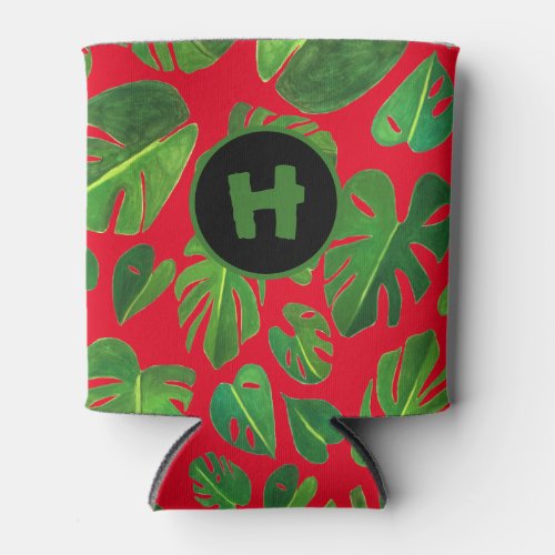 Tropical Monstera Watercolor Holiday Green CUSTOM Can Cooler