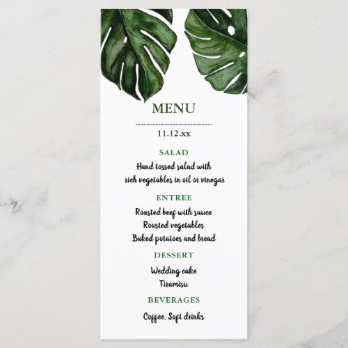 Tropical Monstera Watercolor Leaves  Wedding Menu