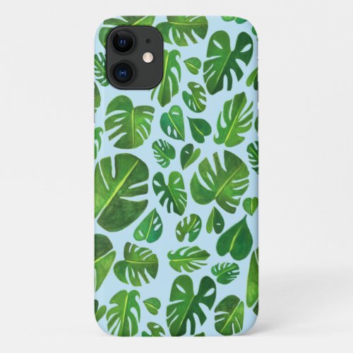 Tropical Monstera Watercolor Painting Green Blue iPhone 11 Case