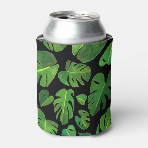 Tropical Monstera Watercolor Painting Green Can Cooler