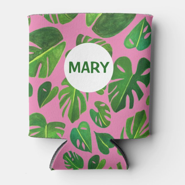 Tropical Monstera Watercolor Painting Green CUSTOM Can Cooler (Front)