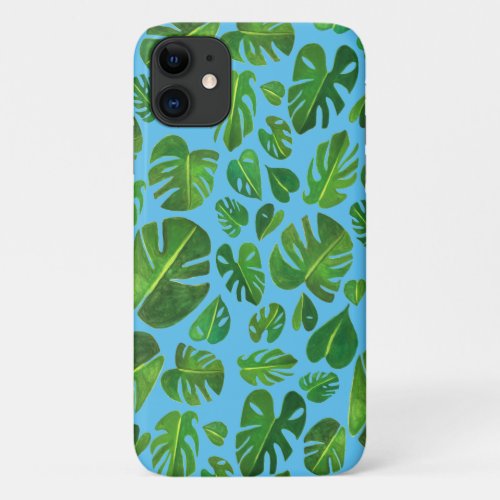 Tropical Monstera Watercolor Painting Green Pink iPhone 11 Case