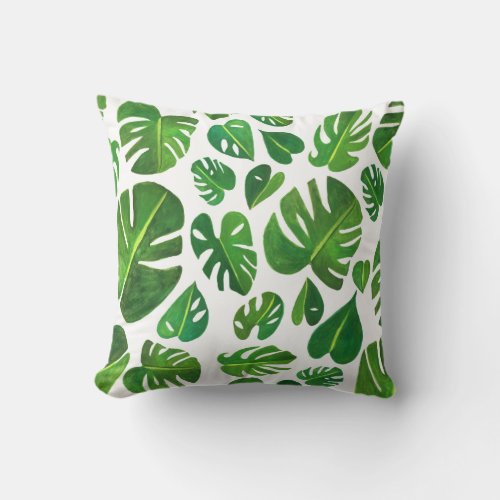 Tropical Monstera Watercolor Painting Green Throw Pillow