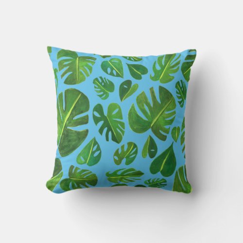Tropical Monstera Watercolor Painting Green Throw Pillow