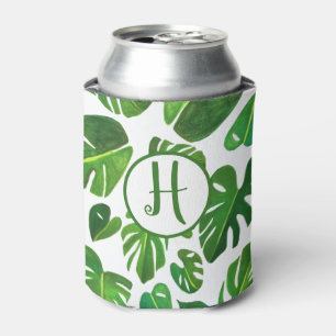 Tropical Monstera Watercolor White Green CUSTOM Can Cooler