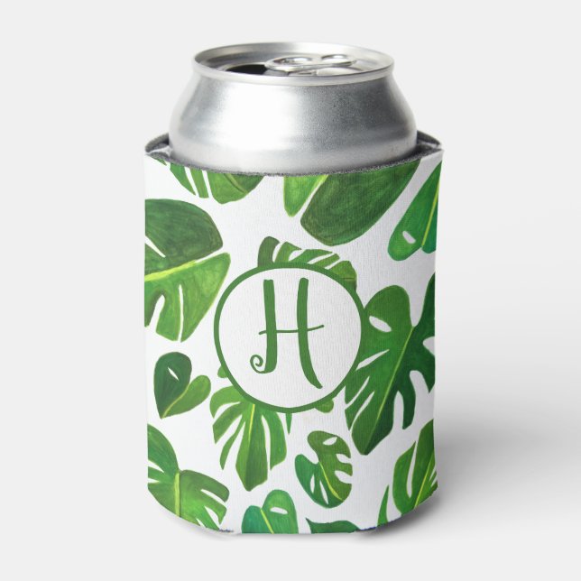 Tropical Monstera Watercolor White Green CUSTOM Can Cooler (Can Front)