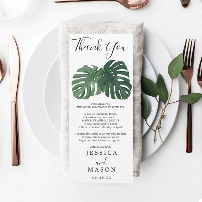 Tropical Monstera Wedding Menu and Thank You Invitation (Creator Uploaded)
