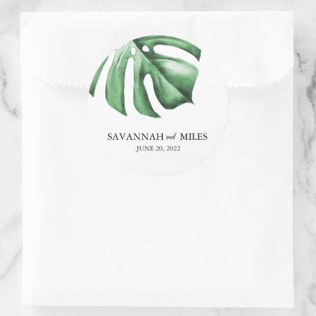 Tropical Monstera Wedding Names & Date Wedding Classic Round Sticker (Bag)