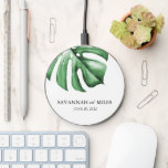 Tropical Monstera Wedding Names & Date Wireless Charger<br><div class="desc">Beautiful tropical monstera leaf watercolor personalized wireless charger has the names and wedding date on it to remind the couple of their special day. These are a perfect gift for a beach wedding! Shop the entire collection in my zazzle shop. Need help personalizing? Message me!</div>