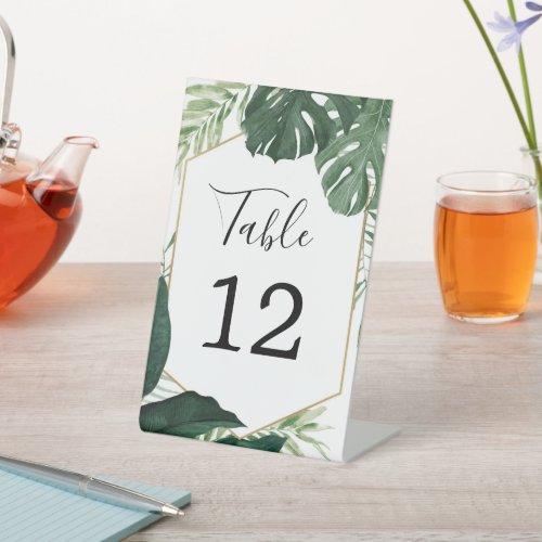 Tropical Monstera Wedding Table Numbers Pedestal Sign