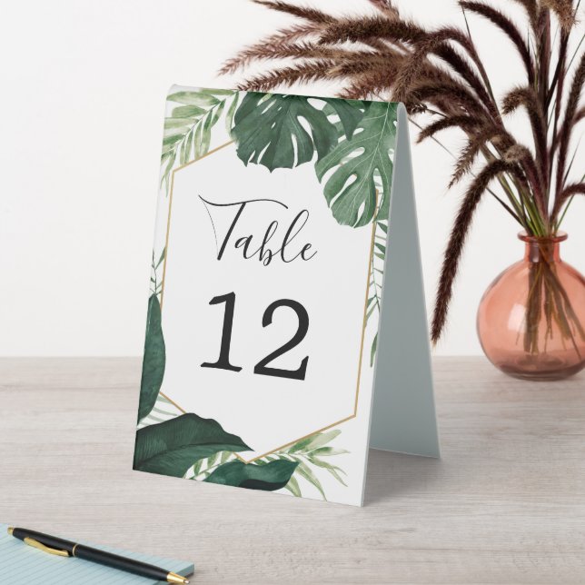 Tropical Monstera Wedding Table Numbers Table Tent (In SItu (Table))