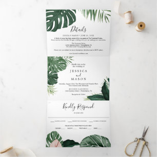 Tropical Monstera Wedding Tri-Fold Invitations