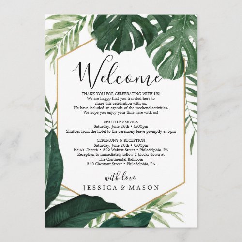 Tropical Monstera Wedding Welcome Itinerary Letter Program